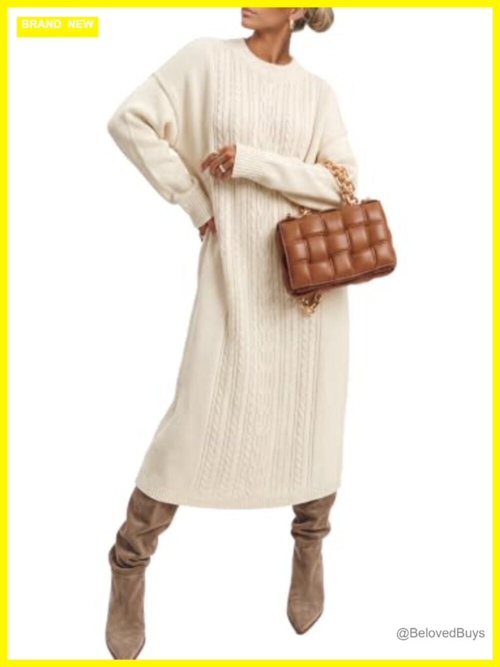 Wool Blend Oversized Cable Knit Midi Sweater Dress Long Sleeve Winter